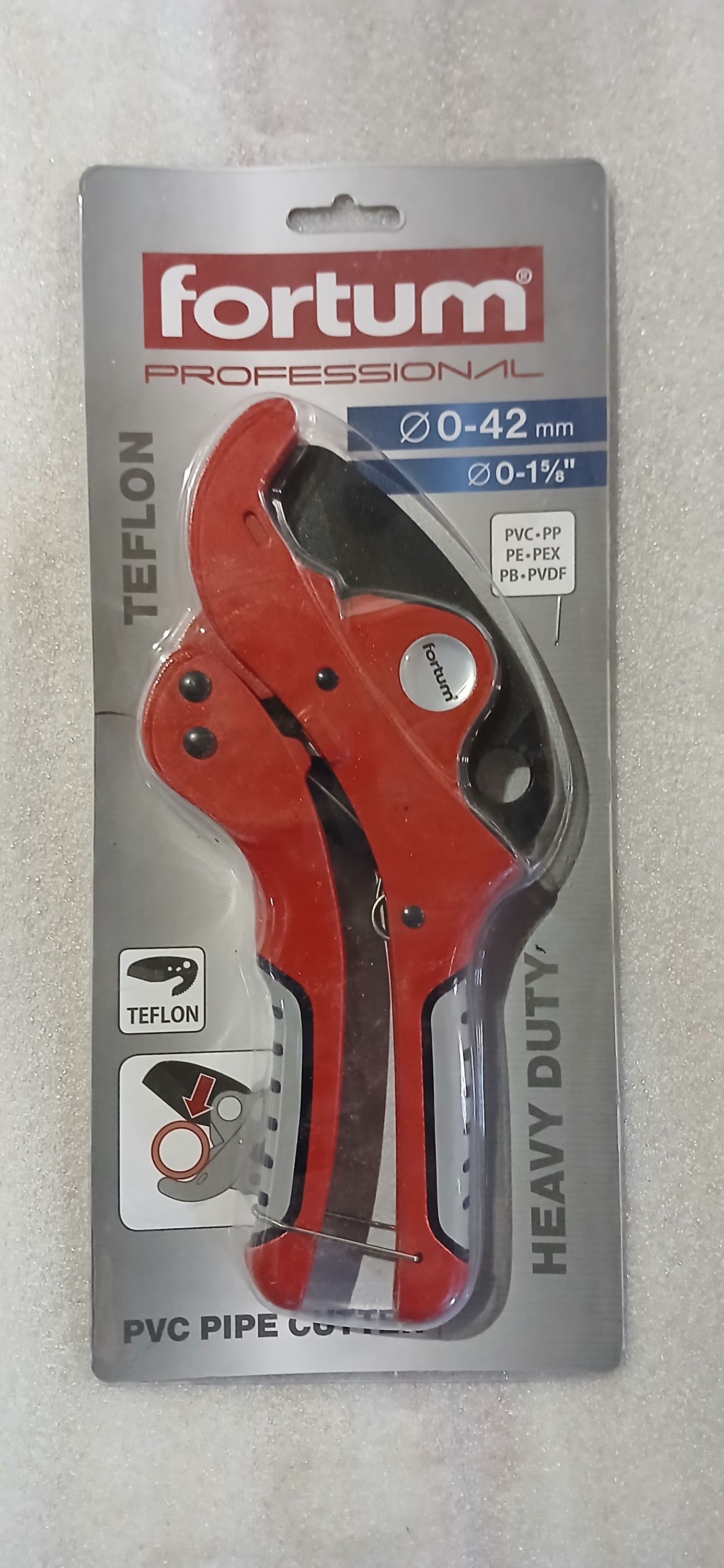 FORTUM műanyagcső vágóolló, max.: 42mm, (PVC, PPR, PP, PE, PEX, PB, PVDF csövekhez), ALU test, teflon bevonatú, háromszög penge termék fő termékképe
