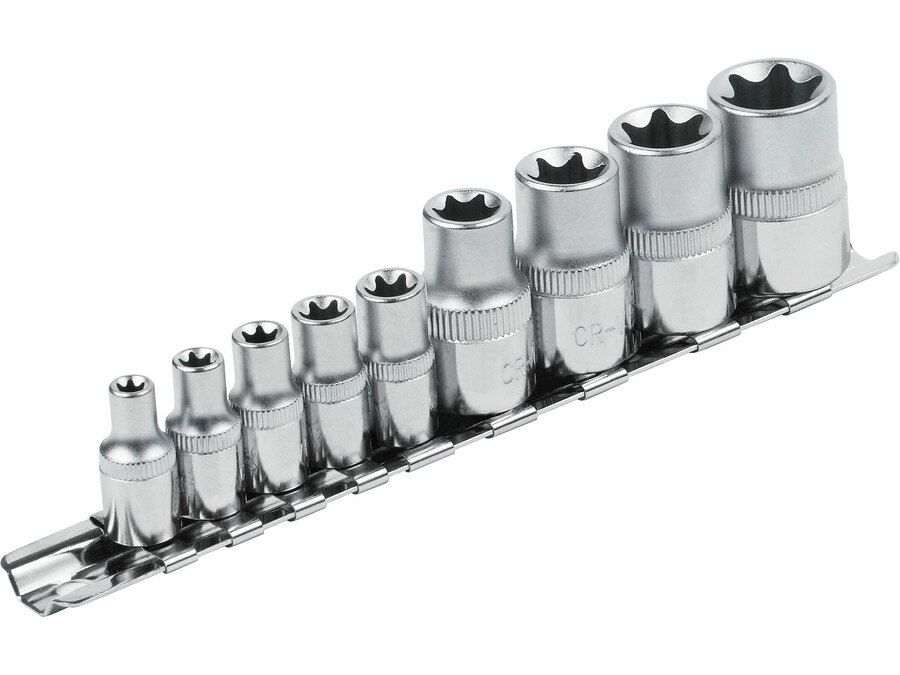 EXTOL dugófej klt., E-TORX; 1/4"×5db (E5-E6-E7-E8-E10), 1/2"×4db, (E12-E14-E16-E18), tartó sínen termék fő termékképe