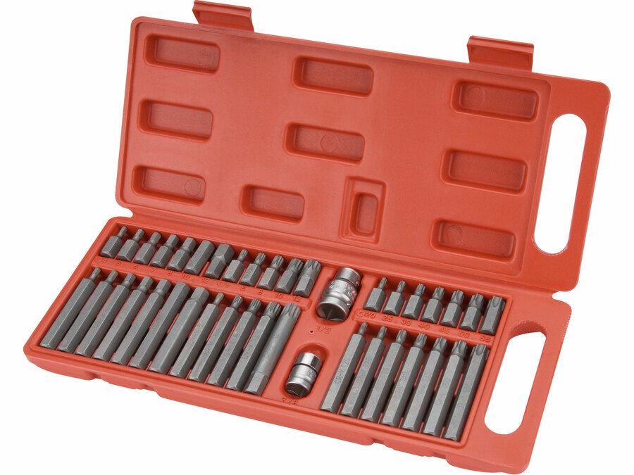 BIT és dugókulcs  készlet 35 db TORX, 1/4"+8mm+10mm+12mm BIT-ek, 1/4"+3/8" dugófejek, adapterek C.V. acél, műanyag dobozban termék fő termékképe
