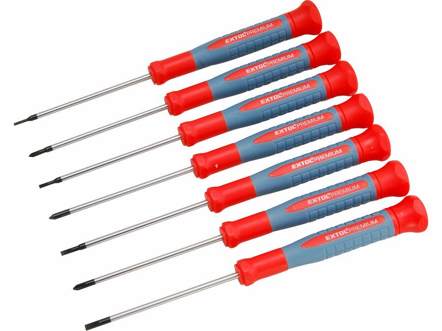 EXTOL Órás csavarhúzó  készlet 7 db Cr.V. mágneses, 75 mm hosszúság, lapos: 1,5-3 mm, csillag: PH00-PH1, HRC 51-54, bliszteren termék fő termékképe