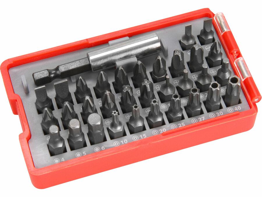 EXTOL Behajtó  készlet 33 db Cr.V., lapos:3-6mm, PH1-3, PZ1-3, HEX 1,5-6mm, TTa 10-40, övre akasztható műanyag tartóban termék fő termékképe