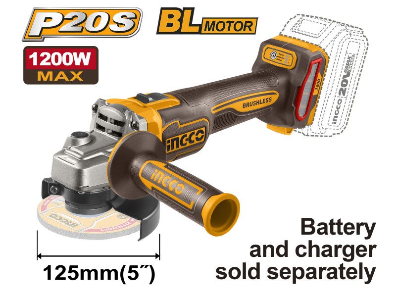 INGCO Akkus sarokcsiszoló 125mm szénkefe nélküli 20V (akku és töltő nélkül) termék fő termékképe