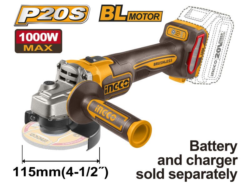 INGCO Akkus sarokcsiszoló 115mm szénkefe nélküli 20V (akku és töltő nélkül) termék fő termékképe