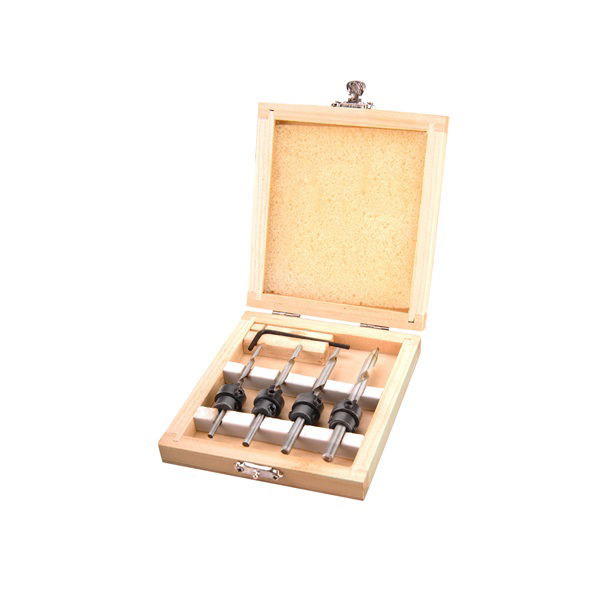 EXTOL Fafúró készlet 4db, süllyesztővel (konfirmátor csavar előfúró) 3-4-5-6mm, hossz 76-94mm, fa dobozban termék fő termékképe