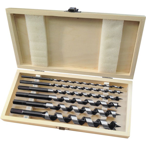 EXTOL Fafúró készlet. 6 db, 6-8-10-12-16-20×260mm, csavaros heggyel, hatszög befogás; fa dobozban termék fő termékképe