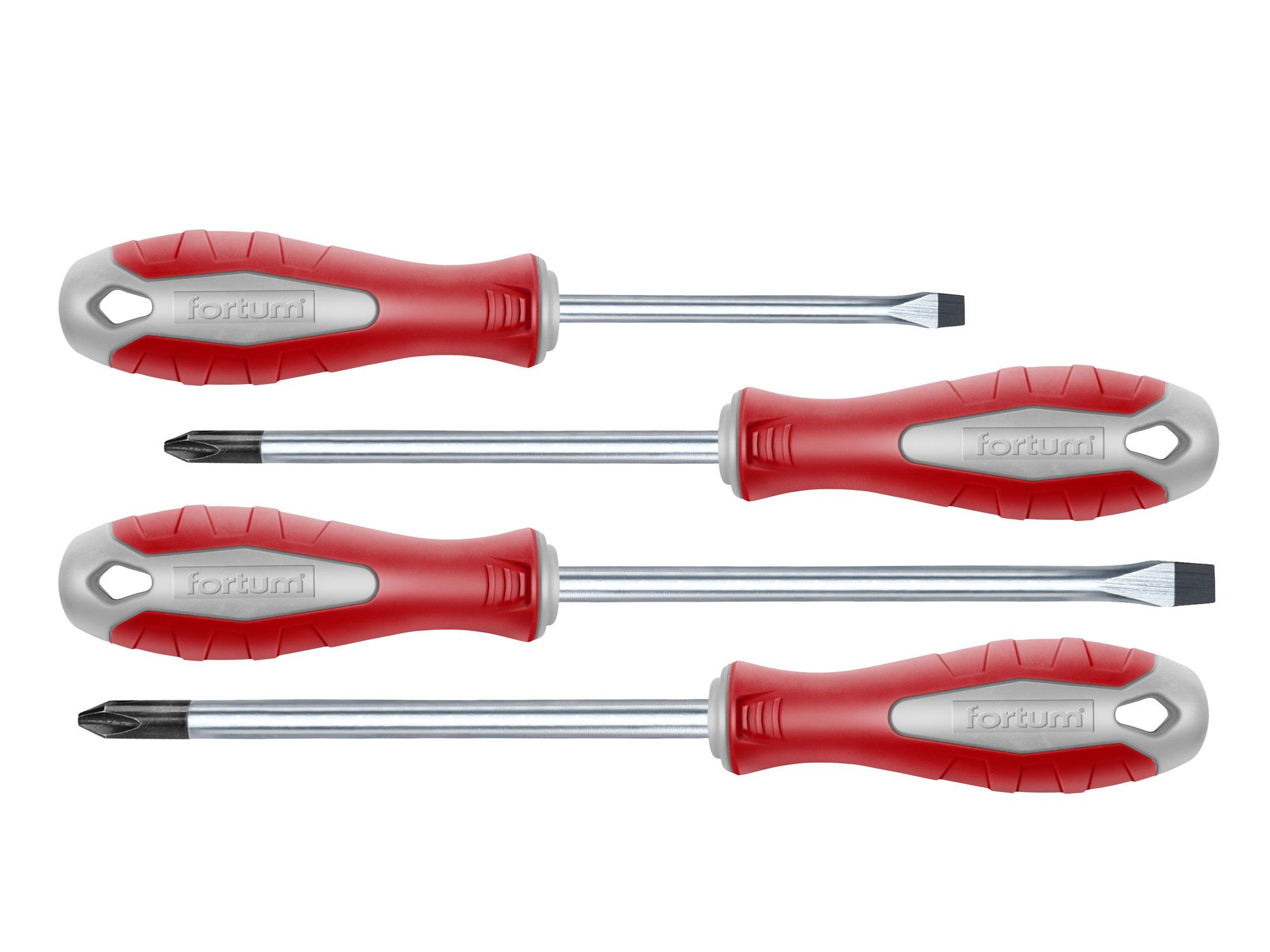 Fortum KIFUTÓ Csavarhúzó készlet., 4db; lapos: 4×75, 6×125mm, PZ1×100, PH2×125, CV. mágneses, papír doboz termék fő termékképe