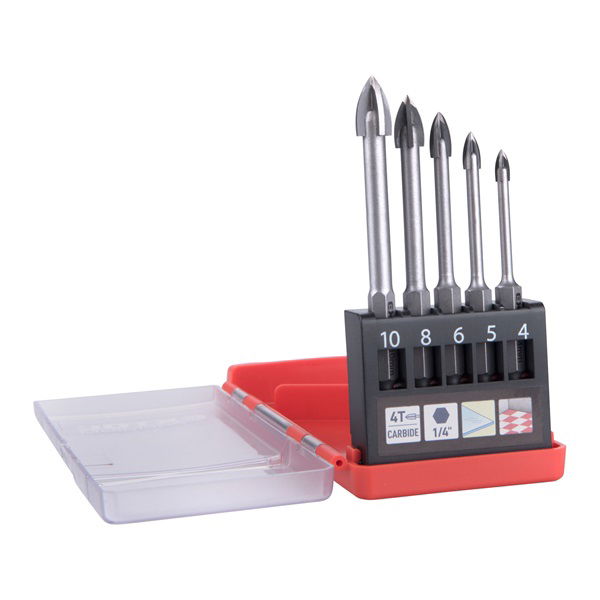 EXTOL Fúró készlet. 5 db, üvegre, kerámiára és csempére, keményfém lapkás; 4-10 mm ×100mm, 4élü, 1/4" hatszög befogás termék fő termékképe