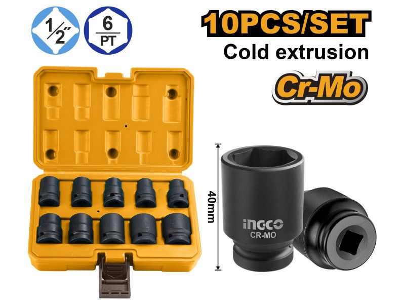 INGCO Gépi dugókulcs készlet 10 részes 1/2" 10-24mm CrMo termék fő termékképe