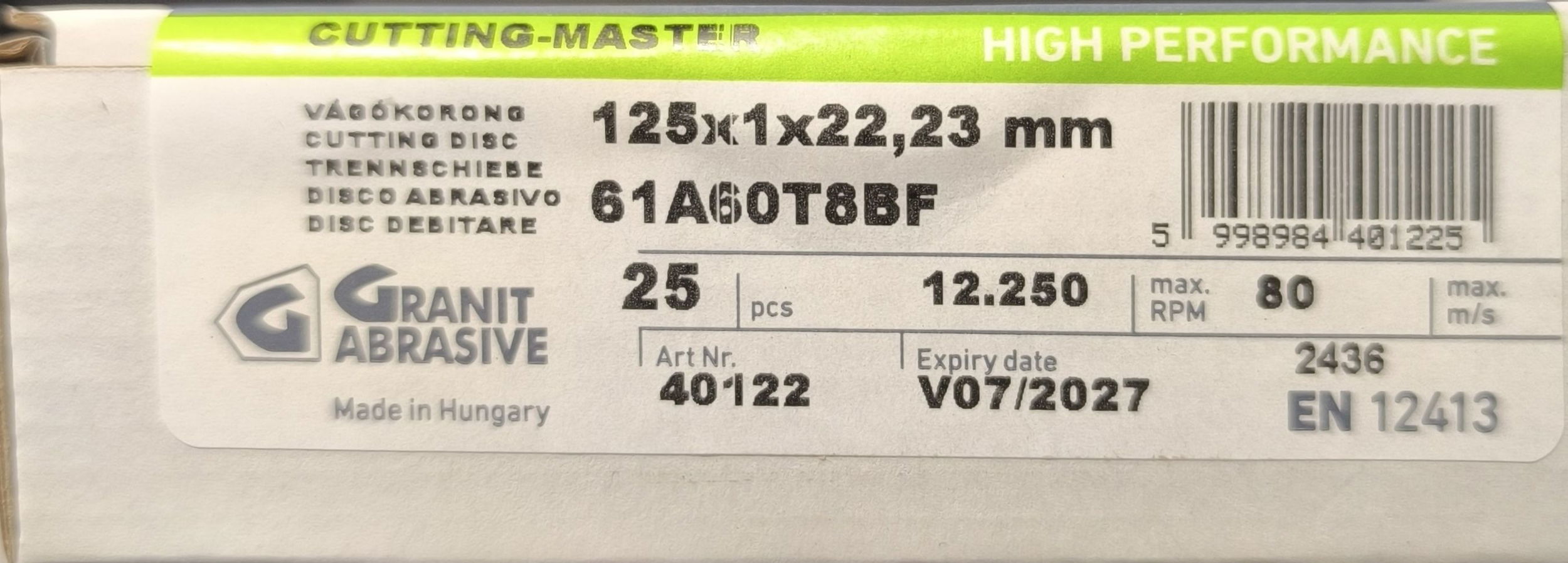 GRANIFLEX Vágókorong egyenes INOX, CUTTING-MASTER 125x1x22,2 termék fő termékképe
