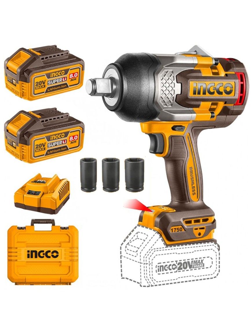 INGCO Akkus ütvecsavarozó 3/4" 1750 Nm szénkefe nélküli 20V (2x8,0Ah akku + töltő) termék fő termékképe