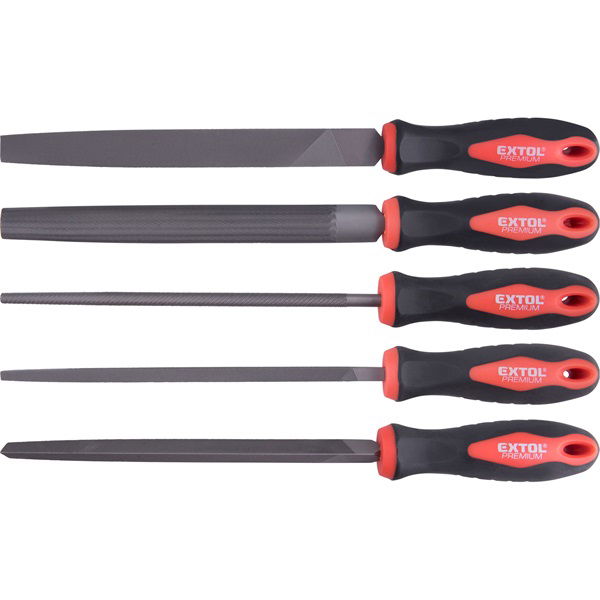 EXTOL Fémreszelő klt., 5 db (lapos, félkerek, kerek, háromszög, négyszög), 200mm, T12 acél, vágat 2, finom, TPR gumis műa. termék fő termékképe