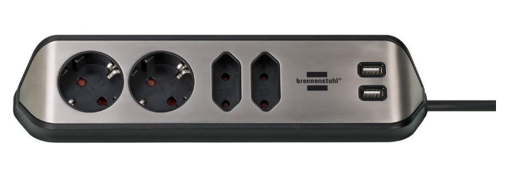 Brennenstuhl Corner kimeneti szalagkábel Estilo 4x DE F típusú (CEE 7/3) aljzat / Euro C típusú (CEE 7/16) aljzat / USB-A Socket - DE F típusú (CEE 7/4) dugó Fekete/ezüst 2m termék fő termékképe