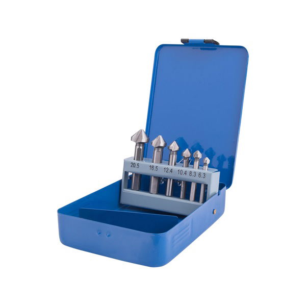 EXTOL Kúpos süllyesztő készlet 6db, 90 fokos, 3 élű; 6,3-8,3-10,4-12,4-16,5-20,5mm, 1/4" háromszög befogás, HSS acél, fém doboz termék fő termékképe