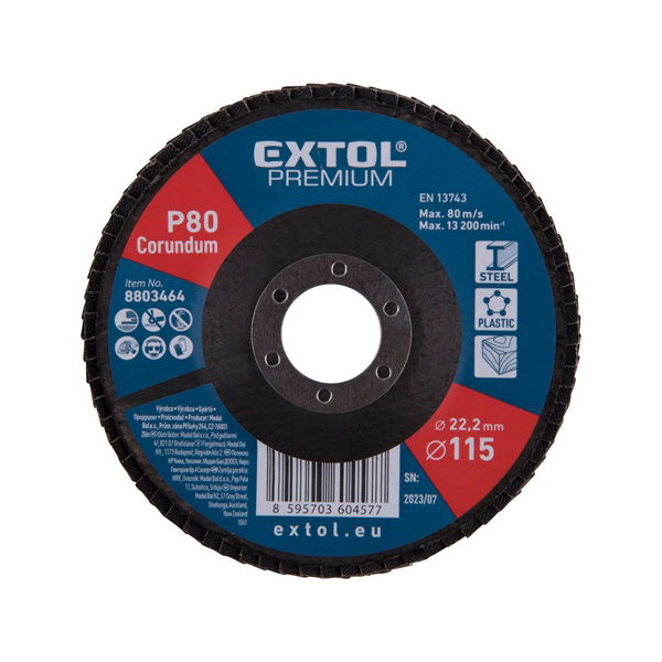 EXTOL Lamellás csiszoló acél, Alu, műa. és fa munkadarabok csiszolására, 115×22mm; P60, kúpos, max.:13.200 ford./perc, EN13743 termék fő termékképe