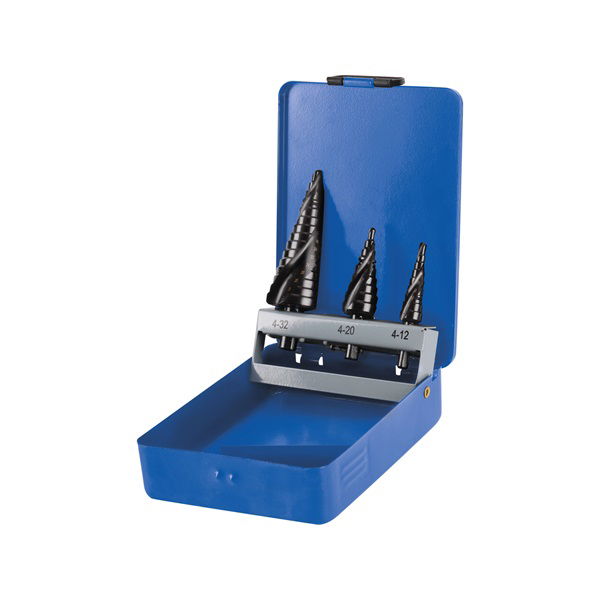 EXTOL Lépcsős fémfúró készlet, 3db; (4-12mm/1mm lépcsők,4-20mm/2mm,4-32mm/2mm) befogás:10mm, max.4mm vastag anyagokhoz, spirállal termék fő termékképe