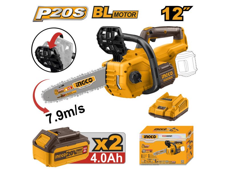 INGCO Akkus láncfűrész 300 mm szénkefe nélküli 20 V (2 x 4,0 Ah akku + töltő) termék fő termékképe