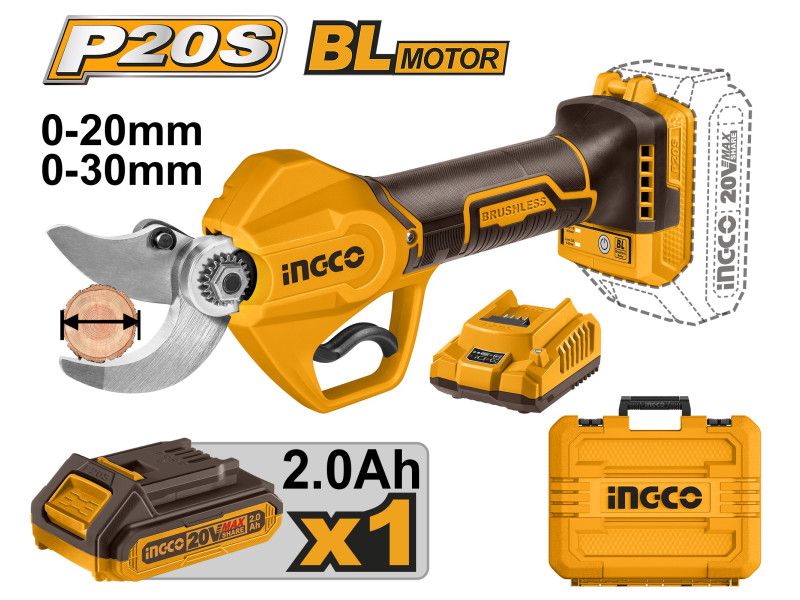 INGCO Akkus metszőolló 30mm szénkefe nélküli 20V (1x2,0 Ah akku + töltő) termék fő termékképe