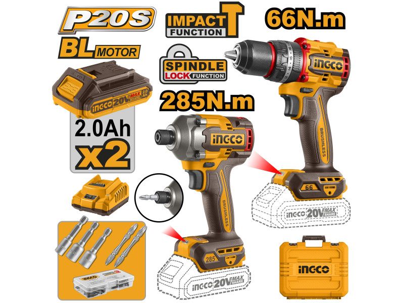 INGCO Akkus erőcsomag 20V Ütvefúró-csavarozó 66Nm+Ütvecsavarozó 1/4" https://phobextools.com/termekcsoportok/szerszamgepek/erocsomagok/ckli20277e285 Nm (2db akku + töltő) termék fő termékképe
