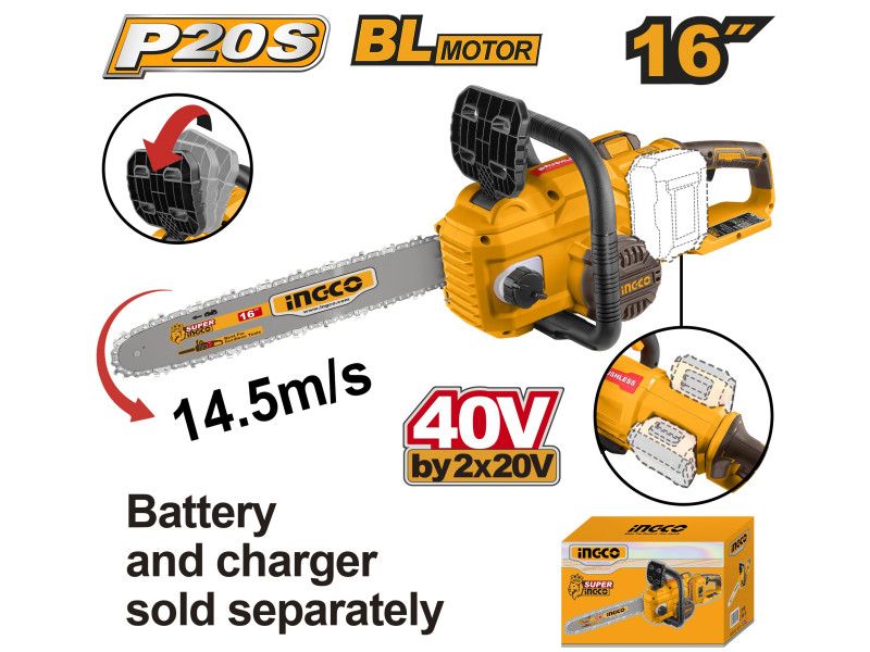 INGCO Akkus láncfűrész 400mm szénkefe nélküli 2x20V (akku és töltő nélkül) termék fő termékképe