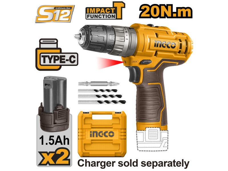 INGCO Akkus ütvefúró-csavarozó 20Nm 12V (2x1,5 Ah akku töltő kábel nélkül) termék fő termékképe