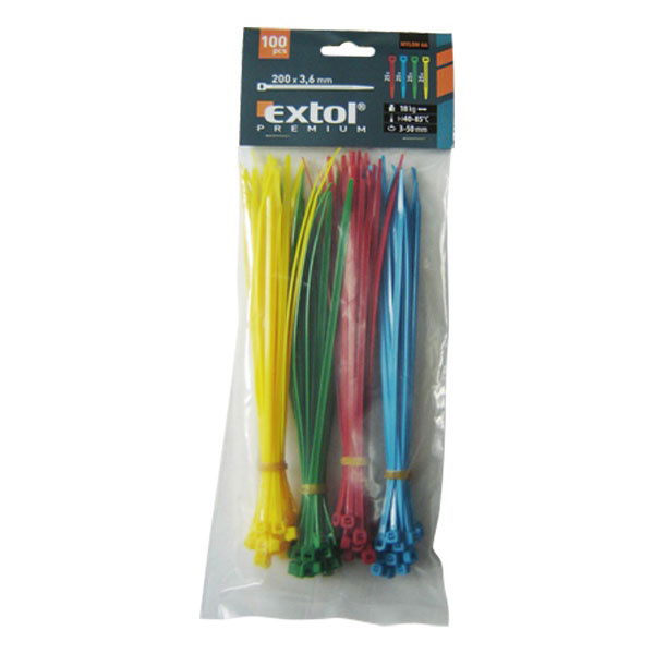 EXTOL kábelkötegelő 2,5×150mm 100db, 4 színű (piros, kék, sárga, zöld), nylon; termék fő termékképe