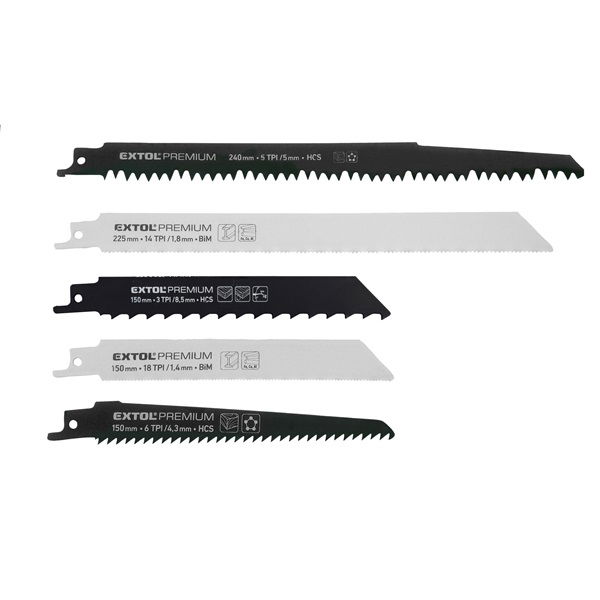 EXTOL Szablyafűrészlap készlet., 5db, Bosch befogás, HCS/Bimetál, fa, műanyag, fém anyagokhoz termék fő termékképe